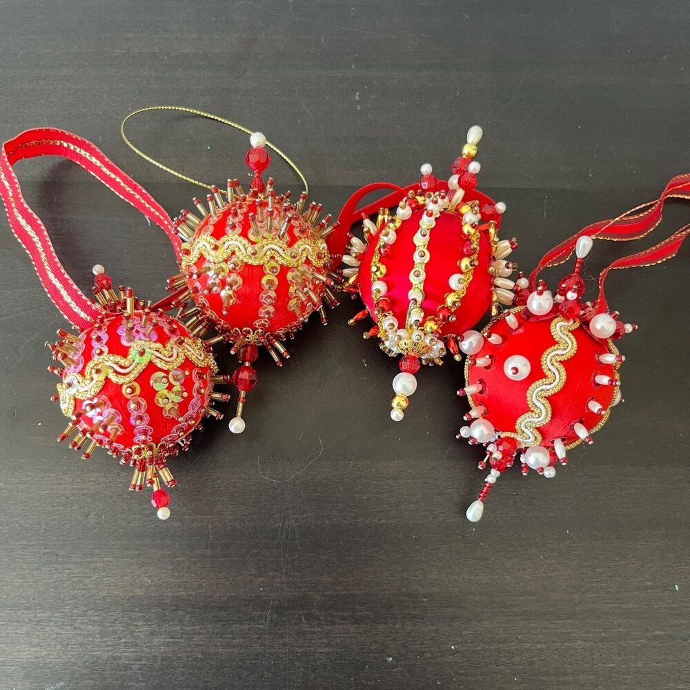 Vintage Beaded Satin Ball Ornaments // Set of 4 Handmade Gold Trimmed Push Pin